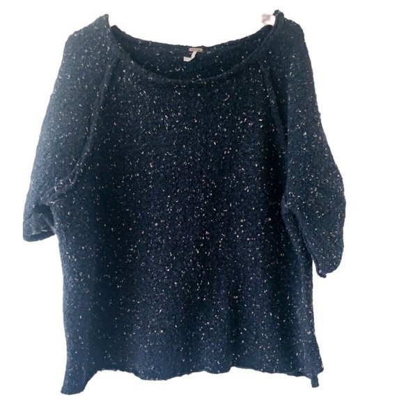 Free People Medium Oversize Tweed Flecked Sweater Navy Blue Gold Wool Blend - Picture 2 of 4